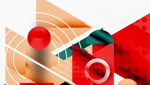 Abstract geometric composition. Red, orange, white shapes intersect. Circles, Stock Illustration