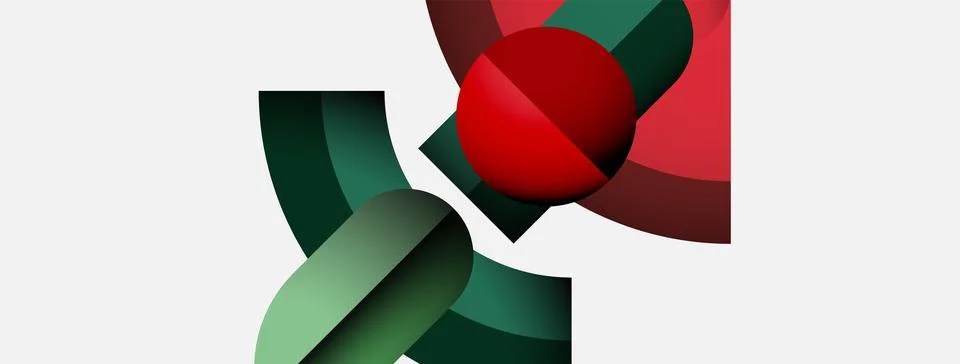 Abstract geometric composition. Red sphere intersects green, maroon shapes. Stock Illustration