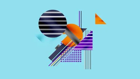 Abstract geometric composition. Stripes, circles, triangles intersect. Purple, 스톡 일러스트