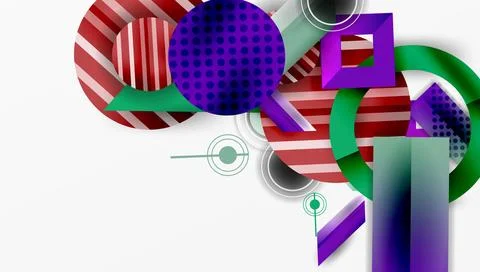 Abstract geometric composition. Stripes, circles, rectangles intersect. Purple, Stock Illustration