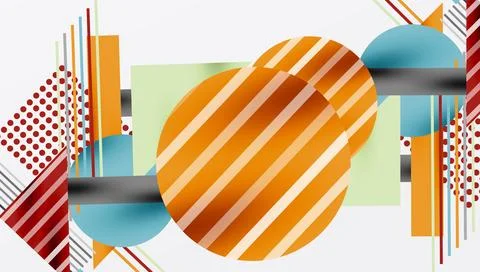 Abstract geometric composition. Stripes, circles, rectangles overlap creating 스톡 일러스트