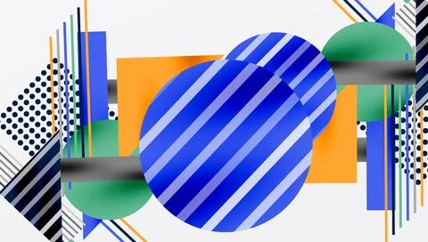 Abstract geometric composition. Stripes, circles, rectangles overlap. Blue, Stock Illustration
