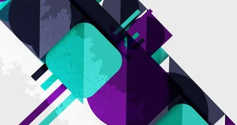 Abstract geometric composition. Turquoise, purple, white shapes overlap creating Stock Illustration