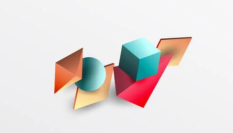 Abstract geometric composition. Various colorful shapescubes, spheres, triangles Stock Illustration