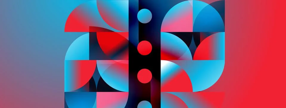 Abstract geometric composition. Vibrant blues, reds dominate. Shapes overlap, Stockillustratie