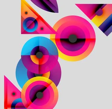 Abstract geometric composition. Vibrant circles, triangles overlap creating 스톡 일러스트