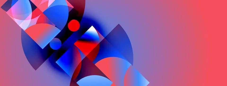 Abstract geometric composition. Vivid blues, reds dominate. Shapes overlap, Illustrazione stock