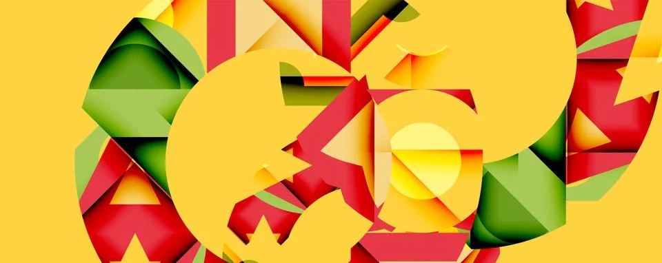 Abstract geometric composition. Yellow background features red, green shapes, Stock Illustration