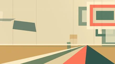 Abstract geometric corridor with layered beams and frames in beige, green, .. Illustrazione stock