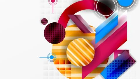 Abstract geometric design. Circles, rectangles overlap creating vibrant 스톡 일러스트