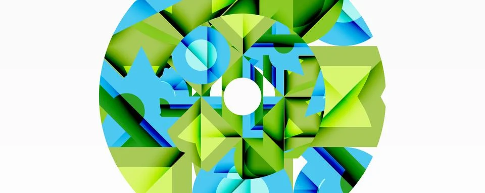Abstract geometric design. Circular pattern features vibrant blue, green shades. Stock Illustration