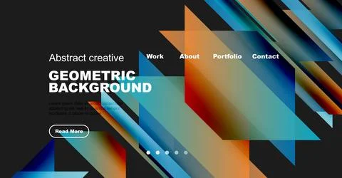 Abstract geometric design. Dark background features colorful shapes, text, Stock Illustration