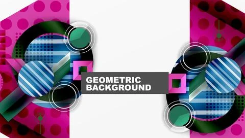 Abstract geometric design features circles, squares, stripes. Pink, teal, white Stock Illustration