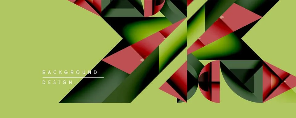 Abstract geometric design features layered shapes. Red, green, black hues create Stock Illustration