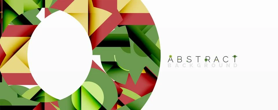Abstract geometric design features overlapping shapes. Colors include red, green Stock Illustration