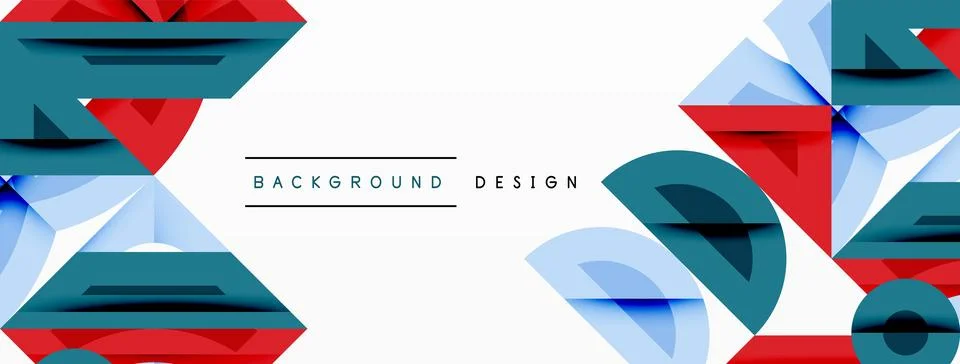 Abstract geometric design features overlapping triangles, rectangles. Red, teal, イラスト素材