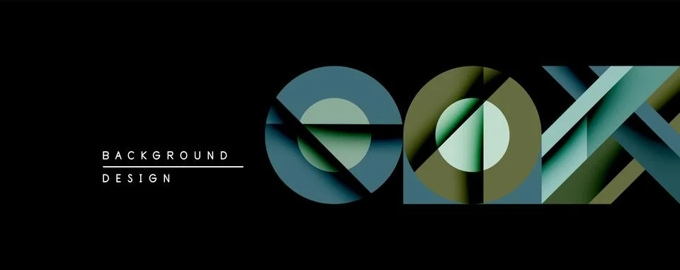 Abstract geometric design features overlapping circles, squares, lines. Gradient Stock Illustration