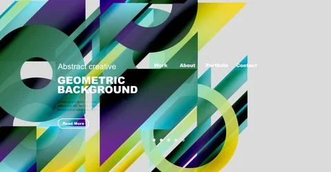 Abstract geometric design features vibrant overlapping shapes, text elements, Stock Illustration