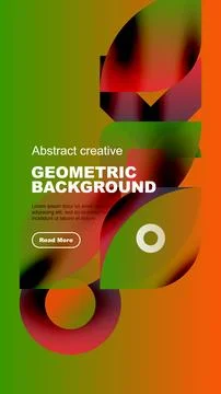 Abstract geometric design features vibrant colors, overlapping shapes, text, Stock Illustration
