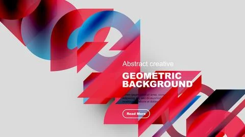 Abstract geometric design features vibrant red, blue, pink shapes over gray Ilustração Stock