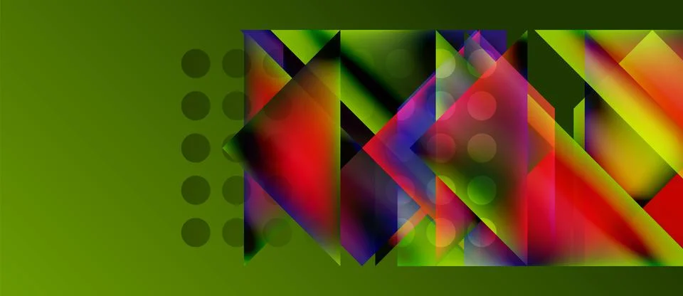 Abstract geometric design features vibrant triangles, circles, gradients. Green Illustrazione stock
