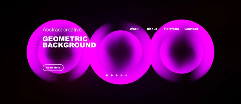 Abstract geometric design features vibrant purple circles, text elements, Stock Illustration