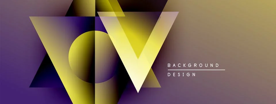Abstract geometric design. Gradient colors blend, forming triangles, circles, Illustrazione stock