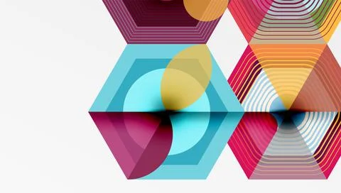 Abstract geometric design. Hexagons overlap, creating vibrant color patterns. Illustrazione stock