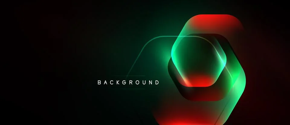 Abstract geometric design. Hexagons overlap, glowing green, red hues. Dark Stock Illustration
