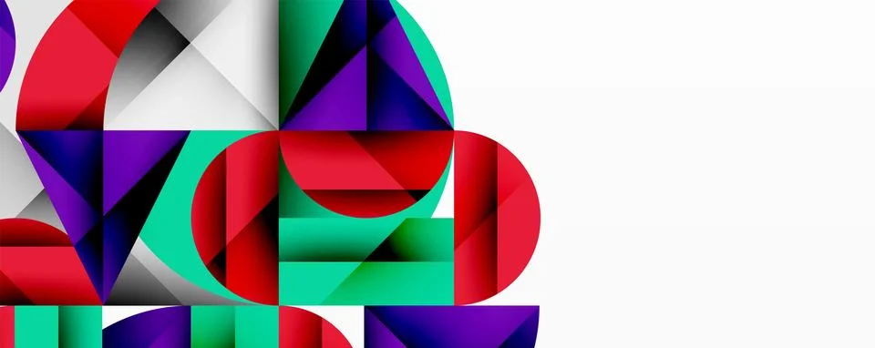 Abstract geometric design with intersecting circles, triangles, squares and Stock Illustration