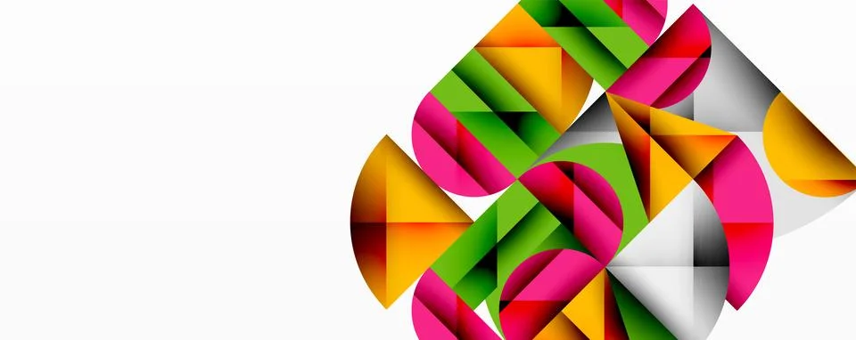 Abstract geometric design with intersecting circles, triangles, squares and Stock Illustration