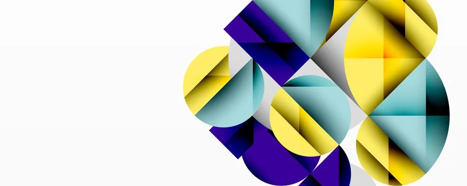 Abstract geometric design with intersecting circles, triangles, squares and Stock Illustration