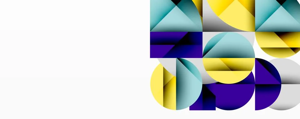 Abstract geometric design with intersecting circles, triangles, squares and Stock Illustration