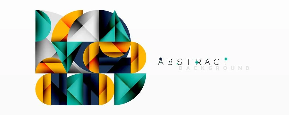 Abstract geometric design with intersecting circles, triangles, squares and Stock Illustration