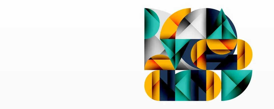 Abstract geometric design with intersecting circles, triangles, squares and Stock Illustration