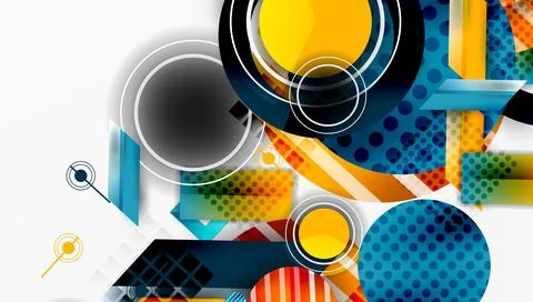 Abstract geometric design. Overlapping shapes, circles, rectangles create Illustrazione stock