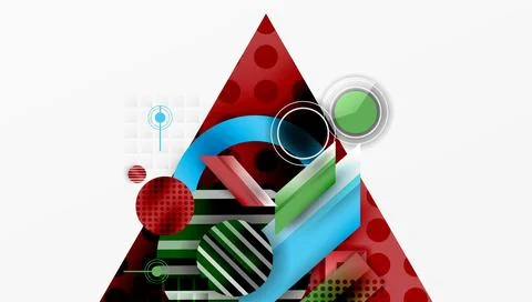 Abstract geometric design. Red triangle dominates, layered with circles, lines, Stock Illustration