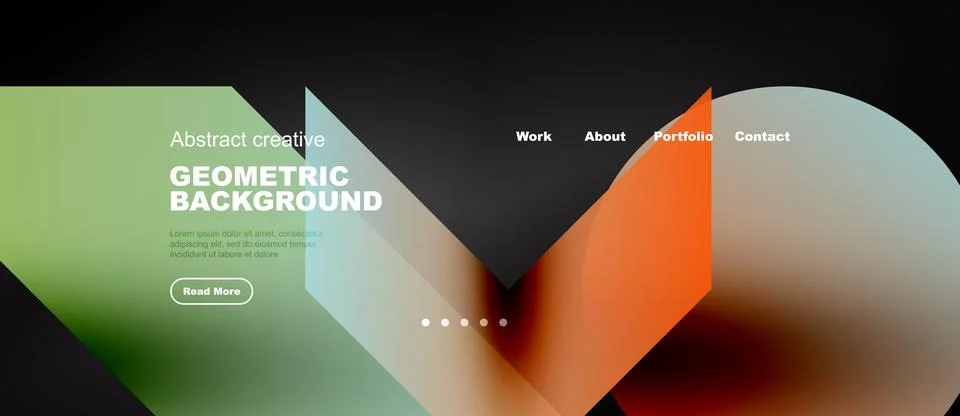 Abstract geometric design. Website header features colorful shapes, text, Stock Illustration