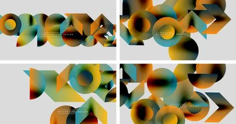Abstract geometric designs. Overlapping circles, squares create vibrant patterns Stock Illustration
