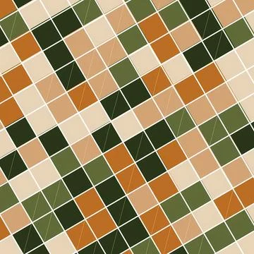 Abstract Geometric Diagonal Square Pattern in Earthy Tones of Green, Brown, and Stock Illustration