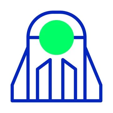 Abstract geometric emblem with rounded arch, triangle legs and green circle Stock Illustration