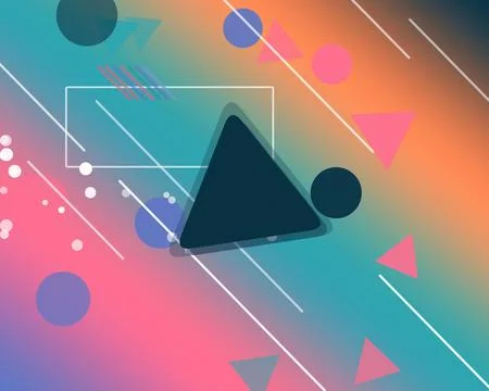 An abstract geometric equalizer icon sits over colorful neon shapes, creati.. Ilustração Stock