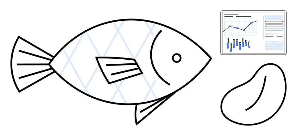 Abstract geometric fish with diamond pattern, bean-shaped object, and digital Stock Illustration