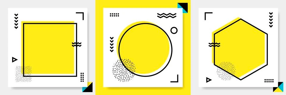 Abstract geometric frame set. Memphis square cards, funky stripes and dots sh 库存插图
