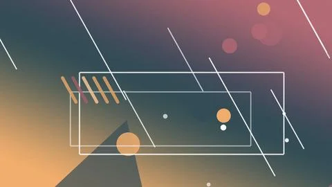 Abstract geometric frames and neon lines float on a colorful gradient backd.. 스톡 일러스트