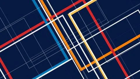 Abstract geometric grid lines intersect with vivid neon stripes across a da.. Stock Illustration