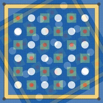 Abstract geometric grid with red circles squares pattern on blue background.. Stock Illustration