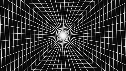 Abstract geometric grid tunnel expanding into dark infinite space with glowing Stock Footage 345315563