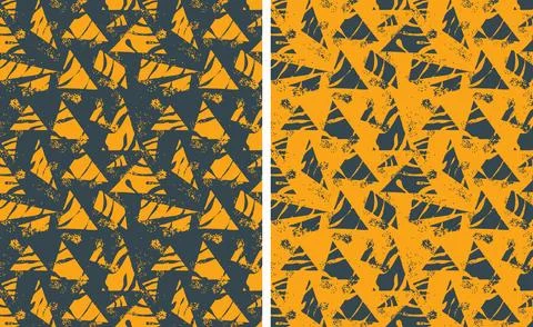 Abstract Geometric Grunge Pattern Set - Orange and Charcoal Seamless Backgrounds Stock Illustration