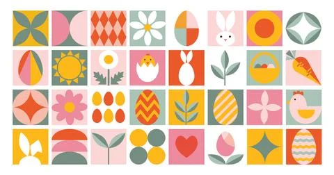 Abstract geometric Happy Easter background. Icon with holiday symbols. 스톡 일러스트
